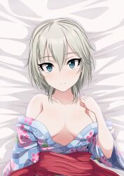 anastasia_(idolmaster) bare_shoulders bed_sheet blue_eyes breasts cleavage eyebrows_visible_through_hair eyelashes_visible_through_hair female female_only floral_print from_above hair_between_eyes idolmaster idolmaster_cinderella_girls inoshira kimono laying_on_back laying_on_bed looking_at_viewer open_kimono sash short_hair silver_hair smile