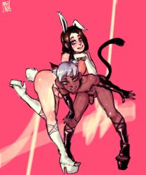 animal_ears bent_over black_clothing brown_hair brown_skin bunny_ears bunny_tail cat_tail cock_ring couple dark-skinned_femboy dark-skinned_male dark_skin femboy fingerless_gloves hazel_eyes karnos light-skinned_male long_gloves platform_heels playful purple_eyes simple_background skinny suit toeless_footwear white_clothing white_hair white_skin