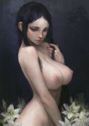 1girls big_breasts black_hair blue_eyes breasts casual female female_only flowers human light-skinned_female light_skin naked natthelich nipples nude nudist original painting_(artwork) pale_skin pandora_(natthelich) solo tagme white_flower white_flowers