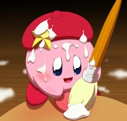 beret blue_eyes blush bodily_fluids brush clothing cum cum_on_face genital_fluids hat headgear headwear hi_res kirby kirby_(series) male minami_(artist) nintendo paintbrush pink_body solo star video_games waddling_head white_paint