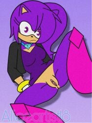 1girls anthro ashley_the_hedgehog bracelet cardigan catrashley18 diamond dress fan_character female female_only gloves hi_res jewelry long_hair looking_at_viewer mostly_clothed necklace original_character purple_body purple_eyes purple_fur purple_hair pussy pussy_bulge signature solo sonic_(series) spread_legs upskirt watermark