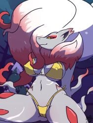 anthro big_breasts bikini breasts cameltoe clothed clothing deathzera female fur furry furry_only genitals grin hands_behind_back hi_res hisuian_zoroark huge_breasts looking_at_viewer low-angle_view night_sky nintendo nipple_bulge nipple_slip partially_visible_vulva pokémon_(species) pokemon pokemon_(species) pokemon_legends:_arceus pokies regional_form_(pokemon) smile solo spread_legs spreading swimwear video_games zoroark