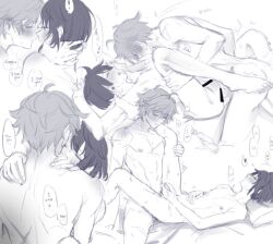 2boys anal ass bed blush chongyun_(genshin_impact) femboy gay genshin_impact legs_held_open lube male male_only male_penetrated male_penetrating_male mikanchiis monochrome multiple_positions multiple_views nipples nude receiving_on_back sex sheet_grab xingqiu_(genshin_impact) yaoi