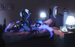 absurd_res alicorn amulet anatomically_inaccurate bed bedroom canon_x_oc duo equid equine ethereal_hair ethereal_mane eye_contact female feral friendship_is_magic furniture g4 hi_res horn jewelry lamp lidded_eyes looking_at_another looking_back male male/female male_penetrating mammal my_little_pony oc:night_shadow penetration picture_frames pillow princess_luna_(mlp) pseudo_hair pseudo_mane raised_leg sex smile vaginal_penetration vincher wings
