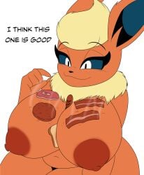 1girls absurd_res animated anthro areola ass bacon big_breasts big_butt blue_sclera breasts burger cartoony curvy_figure dialogue digital_drawing_(artwork) digital_media_(artwork) eeveelution female female_only flareon food food_fetish food_on_body food_play fur hi_res huge_breasts lobokosmico mammal meat nintendo nipples nude orange_areola orange_body orange_fur orange_nipples pokémon_(species) pokemon pokemon_(species) sausage shortstack simple_background slightly_chubby solo text thick_thighs video_games white_eyes