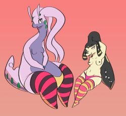 anthro clothing digital_media_(artwork) female feral goodra goopyarts group leggings legwear mawile nintendo nipples panties pokemon pokemon_(species) simple_background thigh_highs underwear video_games