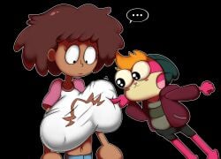 1boy 1girls amphibia anne_boonchuy big_breasts breasts clothing dark-skinned_female dark_skin english_text female huge_breasts hyper hyper_breasts male oddrich smooth_skin tagme text
