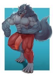 abs anthro balls biceps big_balls big_muscles big_penis breath bulge canid canine canis claws clothing enigma_(daltenigma) fangs flasker fur genitals grey_body grey_fur hi_res huge_balls huge_cock humanoid_genitalia humanoid_penis leggings legwear looking_at_viewer male mammal muscular nipples pecs penis simple_background solo tongue tongue_out wolf yellow_eyes