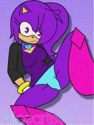 1girls anthro ashley_the_hedgehog bracelet cardigan catrashley18 diamond dress fan_character female female_only fully_clothed gloves hi_res jewelry long_hair looking_at_viewer necklace original_character panties purple_body purple_eyes purple_fur purple_hair pussy_bulge signature solo sonic_(series) spread_legs underwear upskirt watermark