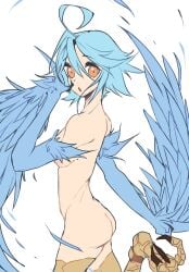 1girls artist_name ass blue_feathers blue_hair breasts butt feathered_wings feathers female harpy monster_girl monster_musume_no_iru_nichijou naked nude open_mouth papi_(monster_musume) small_breasts solo solo_female talons topopopokoko watermark wings