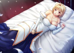 archetype_earth arcueid_brunestud bare_shoulders big_breasts blonde_hair blush cleavage detached_sleeves female female_only huge_breasts looking_at_viewer miyai_sen on_back on_bed on_side open_mouth petals red_eyes short_hair smile solo tsukihime type-moon