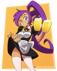 1girls 2d blue_eyes breasts clothed clothing female female_focus female_only highres holding_drink holding_mug holding_object lifting_clothing lifting_skirt long_hair long_ponytail looking_at_viewer maid_outfit maid_uniform one_eye_closed patreon_url ponytail purple_hair shantae shantae_(character) smile smiling_at_viewer smooth_skin solo solo_female stockings tagme thighs tobias_wheller wayforward white_stockings winking winking_at_viewer