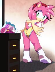 adorable amy_rose ass back bedroom bra cute drawer euf-dreamer eyelashes female female_only green_eyes hairband heart_underwear hedgehog humanoid long_eyelashes looking_back looking_back_at_viewer mammal mirror panties pink_fur pink_hair pink_skin sega socks sonic_(series) sonic_the_hedgehog_(series) tail underwear