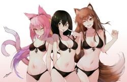 3girls animal_ears bangs bikini black_bikini black_eyes black_hair blazblue brown_hair cat_ears cat_tail catgirl crossover erospanda fangs female female_only glasses hair_between_eyes hi_res holo kemonomimi kokonoe long_hair looking_at_viewer medium_breasts multiple_tails my_hero_academia open_mouth pink_hair ponytail red_eyes shounen_jump side-tie_bikini small_breasts smile spice_and_wolf swimsuit tail tongue_out tsuyu_asui wink wolf_ears wolf_girl wolf_tail yellow_eyes