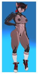 anthro athletic athletic_anthro backwards_hat bedroom_eyes body_hair bottomless candy canid canine canis castbound clothed clothing dessert domestic_dog female fishnet fishnet_clothing fishnet_topwear food footwear genitals happy_trail hat headgear headwear hi_res jewelry lollipop mammal midriff narrowed_eyes necklace nipples pussy red_eyes russell_(castbound) seductive shoes socks solo topwear