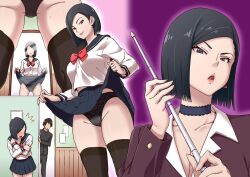 before_and_after black_hair black_panties blush caught choker cosplay costume_switch dark_eyes earrings embarrassed female female_only lace-trimmed_panties lifting_skirt mature_female mirror pupa_torajiro sailor_uniform school_uniform schoolgirl_uniform teacher thighhighs