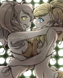 2girls ann_takamaki atlus bikini blonde_hair breasts_to_breasts breasts_together brown_hair grin haysey_draws hugging kujikawa_rise long_hair persona persona_4 persona_5 smile symmetrical_docking v yuri