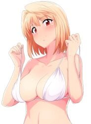 00s arcueid_brunestud big_breasts bikini blonde_hair blush cleavage female female_only looking_at_viewer medium_hair red_eyes short_hair smile solo swimsuit tsukihime tsurui type-moon untied_bikini upper_body white_bikini