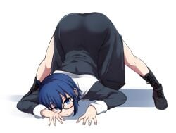 ass_up big_ass black_dress blue_eyes blue_hair boots ciel ciel_(tsukihime) female female_only full_body glasses hi_res ishii_takuma jack-o_pose long_sleeves looking_at_viewer nun nun_outfit short_hair solo tsukihime type-moon