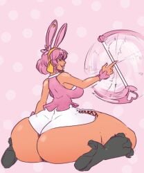 1girls ass ass_body berggie bottom_heavy bunny_ears dark-skinned_female fat_ass female female_focus huge_ass knj_ex looking_back pink_hair short_hair solo solo_female solo_focus thick_thighs thighs