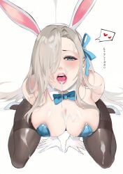 absurdly_long_hair animal_ears areola_slip asuna_(blue_archive) asuna_(bunny)_(blue_archive) bare_shoulders blue_archive blue_bow blue_bowtie blue_eyes blue_leotard blue_ribbon blush bobobong bow bowtie breasts bukkake bunnysuit cleavage cum cum_in_mouth cum_on_body cum_on_breasts cum_on_clothes cum_on_face cum_on_hair cum_on_legs detached_collar facial fake_animal_ears female from_below full_body gloves hair_over_one_eye hair_ribbon heart high_heels highres kneeling large_breasts leotard light_brown_hair lips long_hair millennium_science_school_student official_alternate_costume open_mouth oral_invitation pantyhose playboy_bunny rabbit_ears ribbon simple_background solo spoken_heart strapless strapless_leotard teeth thighband_pantyhose tongue upper_teeth very_long_hair white_background white_footwear white_gloves