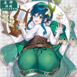 ass ass_up big_ass blue_eyes blue_hair blush braid bubble_ass bubble_butt corset femboy from_behind genshin_impact looking_at_viewer mousepad presenting_ass shorts smile trap venti_(genshin_impact)