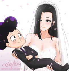 1boy 1girls bare_shoulders black_hair blush breasts bridal_veil bride carrying_partner closed_smile collarbone couple crossed_arms cslucaris cute duo eyelashes female flower_petals groom hair_over_one_eye half-closed_eyes happy large_breasts larger_female light_blush lips long_hair looking_at_partner male minoru_mineta momo_yaoyorozu my_hero_academia purple_hair romantic romantic_couple rose_petals seductive_gaze smaller_male smile straight strapless strapless_dress suit wedding_dress wedding_ring white_dress wholesome