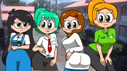 4girls alternate_version_available ass black_hair brown_hair butt different_poses edna_(writers_crusaders) eli_(writers_crusaders) green_hair green_topwear hairclip hand_on_hip height_difference long_hair long_pants lovely_(writers_crusaders) mitchelline_(writers_crusaders) multiple_girls necktie orange_hair ponytail school_uniform schoolgirl skirt wcjuan white_shirt writers_crusaders