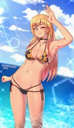 1girls alternate_costume armpits arwald bangs beach bikini blonde_hair breasts choker covered_breasts earrings female female_focus female_only human kitagawa_marin light_skin long_hair looking_at_viewer necklace one_eye_closed outdoors outside piercing smile solo solo_female sono_bisque_doll_wa_koi_wo_suru standing sunlight swimsuit