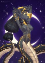 anthro black_body black_fur black_hair breasts canid canine canis detailed_background female fur genitals green_eyes hair hi_res hybrid jackal legless mammal mrrrn nipples pussy reptile scalie snake solo