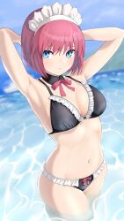 armpits arms_up bikini black_bikini blue_eyes blush cleavage detached_collar female female_only frilled_bikini frills hands_behind_head hisui hisui_(tsukihime) maid_headdress medium_breasts neck_ribbon ocean partially_submerged pink_hair short_hair solo swimsuit tsukihime type-moon water