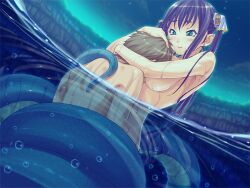 1boy bare_shoulders breasts bubble bubuzuke earrings faceless faceless_male female femdom floating from_above game_cg green_eyes jewelry lamia lamia_hygieia long_hair male male/female mamonomusume_to_no_seikatsu_~ramia_no_baai~ monster_girl night outdoors partially_submerged partially_underwater_shot pointy_ears purple_hair scales snake_bondage straight tail tail_around_partner twintails underwater underwater_sex vaginal_penetration water