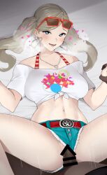 1boy ann_takamaki blonde_hair blue_eyes blush censored clothed_sex clothing_aside commission cutoffs dark-skinned_male dark_skin earrings erection eyewear_on_head female halter_top halterneck heart heart-shaped_pupils heart_earrings highres holding_hands interlocked_fingers interracial jewelry long_hair looking_at_viewer lying male_pubic_hair midriff missionary motion_lines navel on_back penis persona persona_5 persona_5_scramble:_the_phantom_strikers pixiv_request pubic_hair red-framed_eyewear revision rinrin_(user_tvcf4347) sex shirt short_shorts short_sleeves shorts shorts_aside solo_focus spread_legs straight sunglasses sweat symbol-shaped_pupils tied_shirt twintails upshorts vaginal_penetration white_shirt