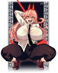 big_breasts blood_scythe bra_visible_through_clothes breasts business_suit chainsaw_man crazy cross-shaped_pupils drool drooling gerph horn horns huge_breasts long_hair messy_clothing mouth_open open_mouth pants pink_hair power_(chainsaw_man) red_horns red_shoes saliva saliva_drip saliva_trail scythe sharp_teeth shoes squatting suit tie uniform voluptuous weapon yellow_eyes