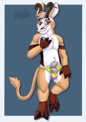 2022 anthro balls_outline blue_background border bovid bovine brown_body brown_fur bulge claws detailed_bulge fur gaokun genital_outline grey_hair hair hi_res hooves horn male mammal monotone_hair multitoned_fur red_eyes simple_background soap_bar solo tan_body tan_ears tan_fur watermark white_body white_border white_fur white_inner_ear