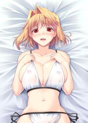 00s ahoge arcueid_brunestud big_breasts bikini blonde_hair cleavage embarrassed female female_only hair_intakes huge_breasts looking_at_viewer miyai_sen nipple_bulge on_back on_bed open_mouth red_eyes short_hair side-tie_bikini sideboob slit_pupils solo sweat swimsuit tsukihime type-moon white_bikini