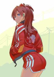 1girls ass asuka_langley_sohryu back_turned back_view booty_shorts dolphin_shorts female gainax jacket long_hair long_red_hair neon_genesis_evangelion nerv red_hair short_shorts timbougami track_jacket