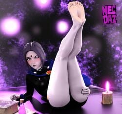 1girls 3d bare_legs barefoot blush book candle dc dc_comics feet female female_only forehead_jewel grey_skin highres legs legs_up lipstick nail_polish necdaz91 pale_skin purple_eyes purple_hair rachel_roth raven_(dc) soles solo superheroine teen_titans toes