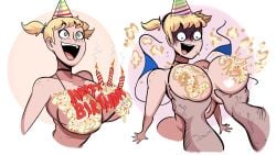 1girls alternate_version_at_source big_breasts birthday birthday_cake birthday_candle birthday_hat blonde_hair blue_eyes breast_grab distress dj_(hellonearthiii) hellonearthiii muscular_male partial_male pripyatory_(hellonearthiii) smile wardrobe_malfunction