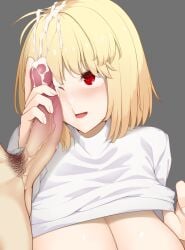 1boy 1girls ahoge arcueid_brunestud big_breasts blonde_hair blush breasts_out cleavage cock_worship cum_on_face cum_on_hair cum_on_penis erection facejob faceless_male female female_focus gask_(architect_2d) holding_penis male_pubic_hair mosaic_censoring one_eye_closed open_mouth penis penis_awe penis_on_face red_eyes shirt_lift short_hair smile sweater_lift tohno_shiki tsukihime turtleneck turtleneck_sweater type-moon veiny_penis