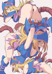 1girls anus ass bangs bent_over blonde_hair blue_headwear blush breasts censored cleavage clothed_sex clothing collarbone cum cum_in_pussy cum_inside dark_magician_girl duel_monster female from_behind green_eyes hat large_breasts long_hair looking_at_viewer looking_back multiple_views open_mouth penetration penis_tentacles pentacle prone_bone pussy rape restrained shiseki_hirame spread_legs tentacle tentacle_sex thighs vaginal_penetration wizard_hat yu-gi-oh! yu-gi-oh!_duel_monsters