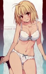 00s ahoge arcueid_brunestud blonde_hair blush bra cleavage female female_only hair_intakes hi_res lace-trimmed_bra lace-trimmed_panties looking_at_viewer medium_breasts medium_hair morii_shizuki panties red_eyes short_hair sitting smile solo tongue_out tsukihime type-moon white_bra white_panties