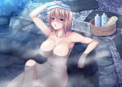 00s arcueid_brunestud bath bathing big_breasts blonde_hair blush cleavage completely_nude female female_only hand_on_head looking_at_viewer miyai_sen nude onsen partially_submerged red_eyes short_hair sitting solo steam towel_on_head tsukihime type-moon wet wet_hair wet_skin