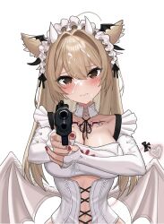 3: absurdres aiming aiming_at_viewer animal_ear_fluff animal_ears blush breasts brown_eyes brown_hair center_opening chest_tattoo closed_mouth collarbone commission cross-laced_clothes crying crying_with_eyes_open cum demon_girl demon_horns demon_tail demon_wings detached_collar elbow_gloves facial female fingerless_gloves gaai gloves gun highres holding holding_gun holding_weapon horns large_breasts leotard long_hair maid_headdress navel no_pupils original tail tattoo tears upper_body very_long_hair weapon white_gloves white_leotard white_wings wings