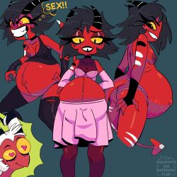 1girls big_belly black_hair darkhunter5168 demon demon_girl demon_horns demon_tail enormous_belly helluva_boss horns horny horny_female huge_belly millie_(helluva_boss) moxxie_(helluva_boss) panties pregnant red_body red_skin stretch_marks tail thought_bubble yellow_sclera