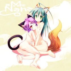 2girls ahoge animal_ears ass barefoot cat_ears cat_tail eyebrows feet flat_chest fox_ears fox_tail green_eyes green_hair hair_ornament hairclip highres long_hair looking_at_viewer mizuki_kotora multiple_girls nana_muted_xilofon nipples nude original purple_hair pussy short_hair soles tail thick_eyebrows toes wink