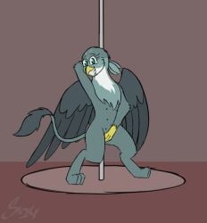 animated avian dancing female feral friendship_is_magic gabby_(mlp) gryphon hand_on_pussy hasbro my_little_pony mythological_avian mythology pole pole_dancing solo sombird stripper_pole teats