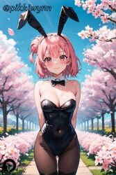 ai_generated animal_ears arms_behind_back ass_visible_through_thighs bangs bare_shoulders black_bow black_bowtie black_leotard blush bow bowtie breasts cherry_blossoms cleavage closed_mouth covered_navel cowboy_shot day detached_collar fake_animal_ears female flower hair_bun hairband leotard looking_at_viewer medium_breasts my_teen_romantic_comedy_snafu outdoors pantyhose petals pikkiwynn pink_eyes pink_hair playboy_bunny rabbit_ears short_hair single_hair_bun single_side_bun sky smile solo strapless strapless_leotard thigh_gap tree yuigahama_yui