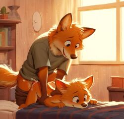 ai_generated anal anal_sex anthro bed canid canine cum cum_inside doggy_style fox furry male penetration penis younger_male