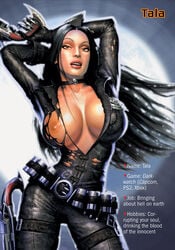 areolae belt black_hair bodysuit breasts breasts_out brown_eyes choker darkwatch eyeshadow female female_only gloves gun hourglass_figure large_breasts leather_gloves leather_jacket lipstick long_hair nipples pinup pose solo standing tagme tala_(darkwatch) thigh_holster vampire